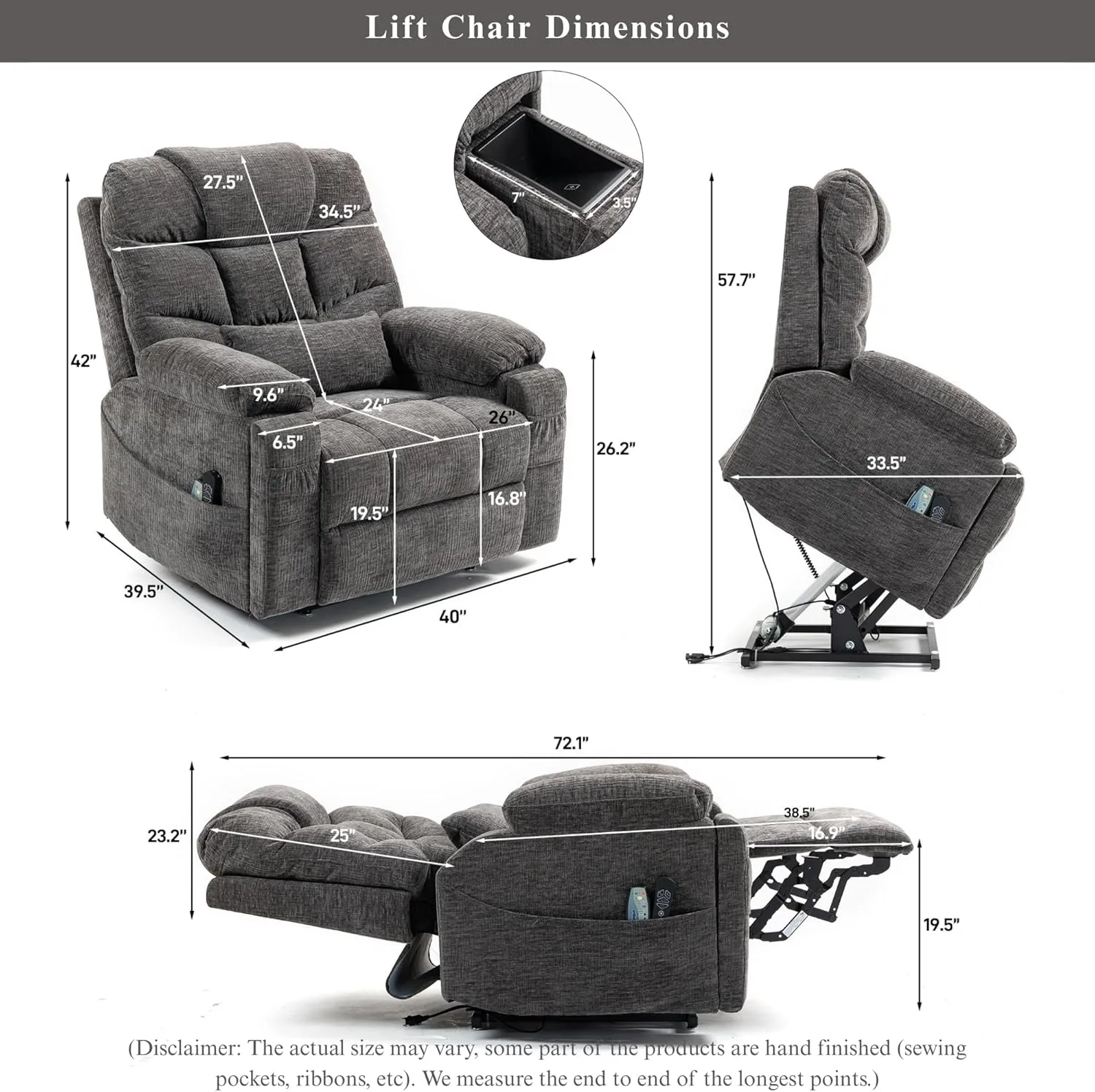 Power Lift Recliner for Elderly Adults, Infinite Position Lay Flat Recliner with Heat & Massage, Cup Holder & Wireless Phone Charger, USB Type C Charging, Dual Motor Lift Chair 400 lbs