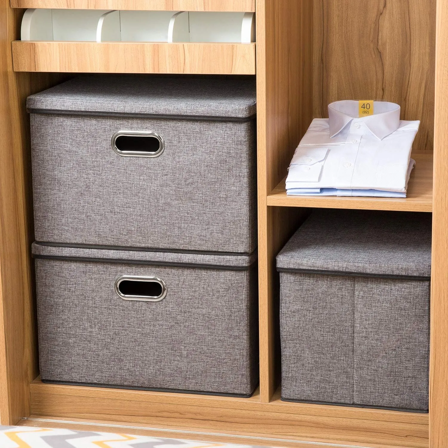 PRANDOM Large Collapsible Storage Bins with Lids [3-Pack] Linen Fabric Foldable Storage Boxes Organizer Containers Baskets Cube with Cover for Home Bedroom Closet Office Nursery (17.7x11.8x11.8)