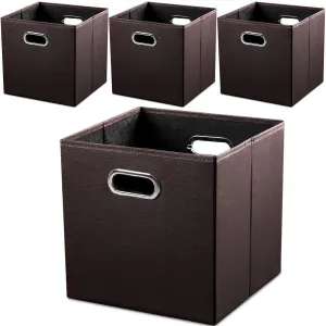 PRANDOM Leather Foldable Cube Storage Bins 13x13 inch [4-Pack] Fabric Storage Baskets Cubes Drawer with Cotton Handles Organizer for Shelves Nursery Closet Bedroom Clothes Brown