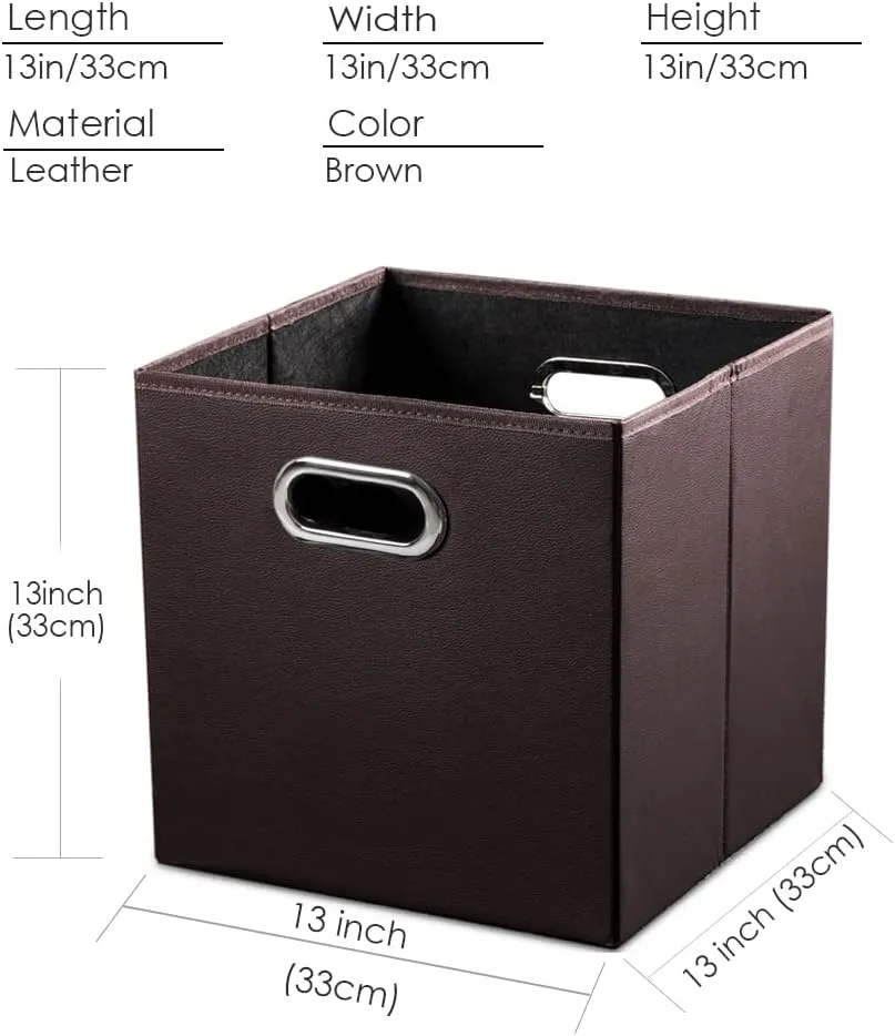 PRANDOM Leather Foldable Cube Storage Bins 13x13 inch [4-Pack] Fabric Storage Baskets Cubes Drawer with Cotton Handles Organizer for Shelves Nursery Closet Bedroom Clothes Brown