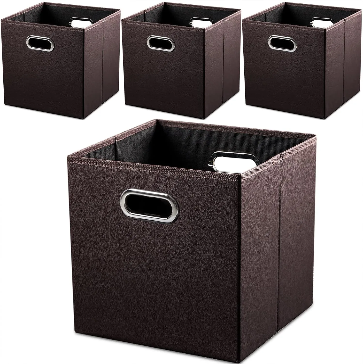 PRANDOM Leather Foldable Cube Storage Bins 13x13 inch [4-Pack] Fabric Storage Baskets Cubes Drawer with Cotton Handles Organizer for Shelves Nursery Closet Bedroom Clothes Brown