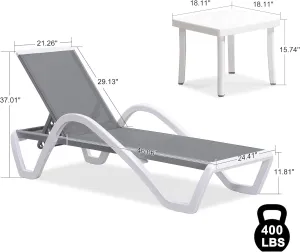 PURPLE LEAF Patio Chaise Lounge Chair Set of 3 Outside Aluminum Plastic Stackable Tanning Chairs with Armrests and Side Table for Pool Sunbathing Beach Deck Outdoor Lounger, Gray