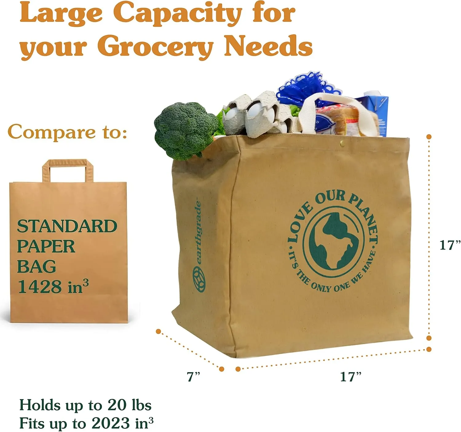 Reusable Grocery Bag – Large Sustainable Washable Paper Tote with Reinforced Seams. Foldable and Durable.