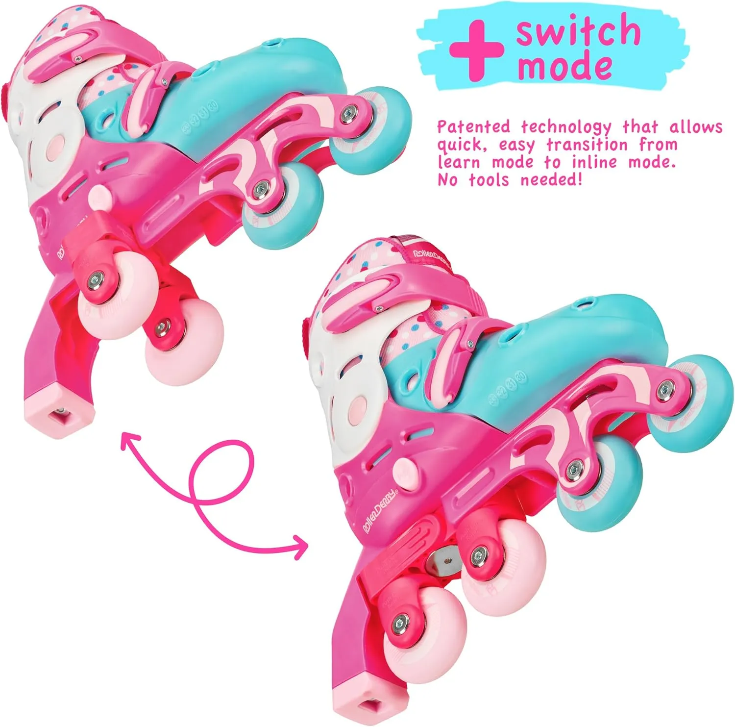 Roller Derby Switch Skates for Beginners, 2 in 1 Adjustable Skates Convert from Learn Mode to Inline Skates for Toddlers, Kids