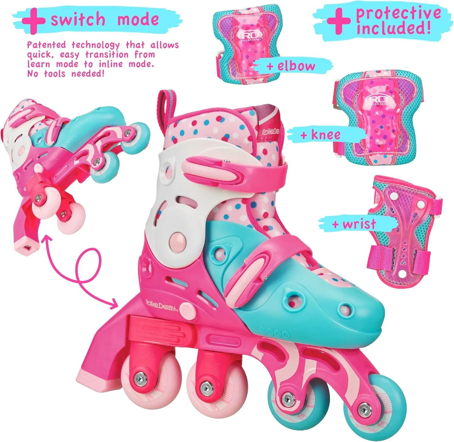 Roller Derby Switch Skates for Beginners, 2 in 1 Adjustable Skates Convert from Learn Mode to Inline Skates for Toddlers, Kids