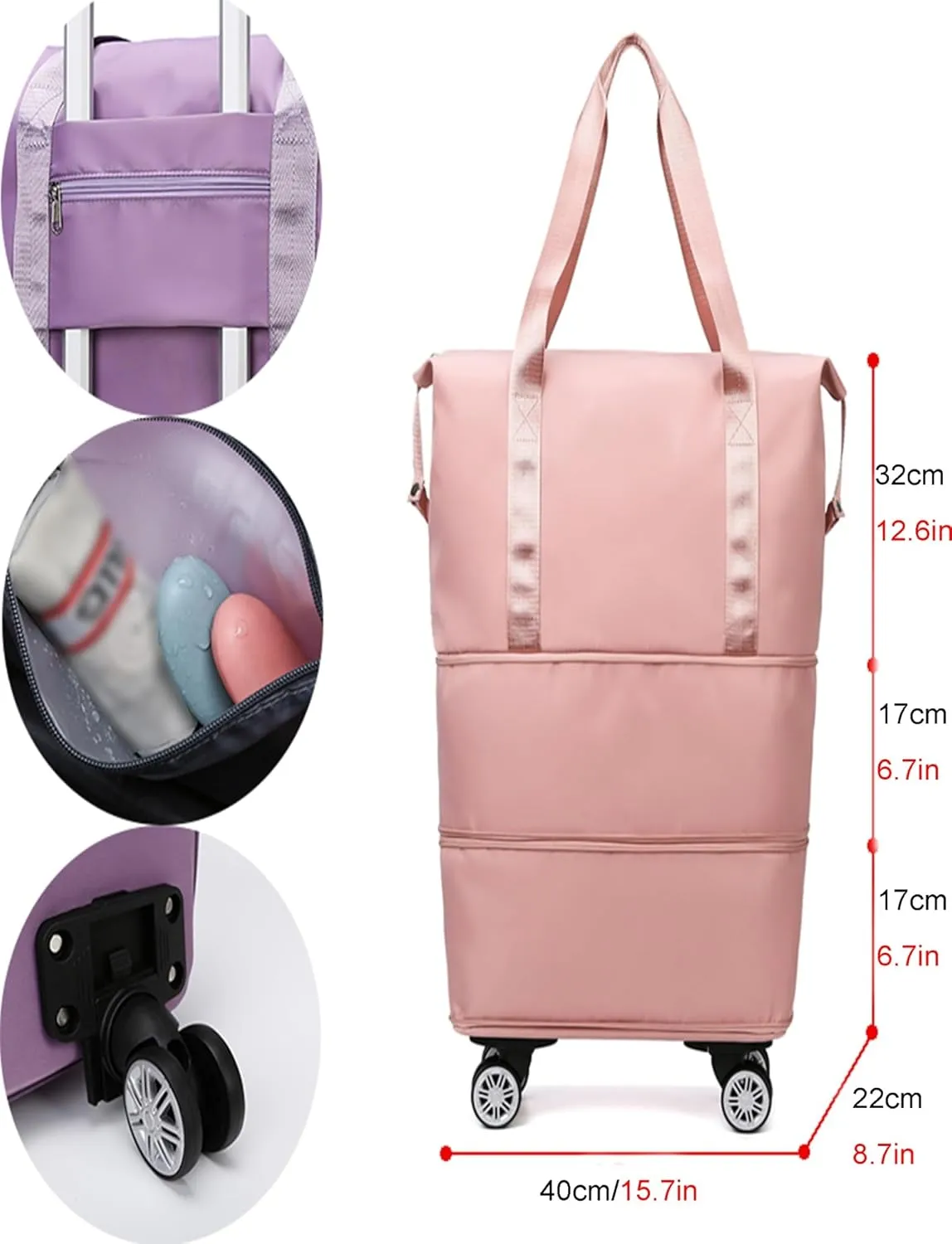Rolling Duffle Bag with Wheels - Expandable Travel Bag with 360° Spinner Wheels | Carry-On Weekender Bag | Waterproof Foldable Luggage for Men & Women(Black)