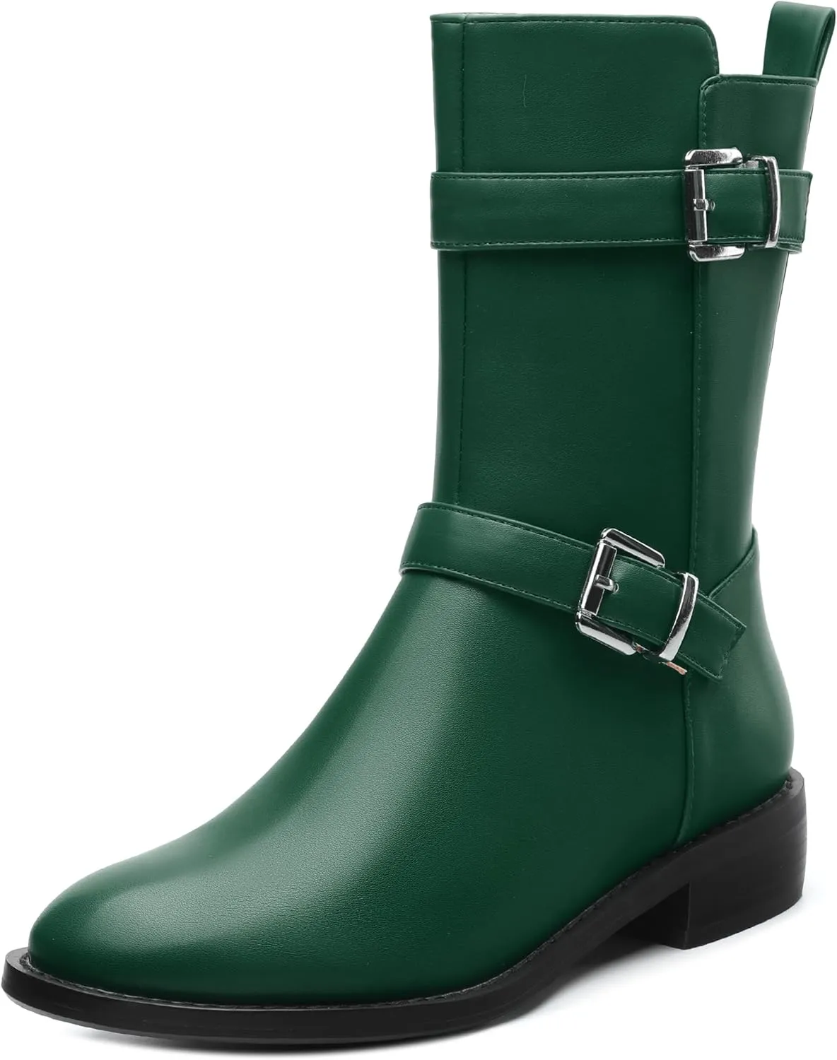 ROSERWISH Mid Calf Boots for Women Riding Ankle Boots Round Toe Low Chunky Heel Short Boots Fashion Fall Winter Combat Booties Buckle Style Dress Boots with Zipper