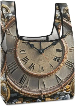Rusty Steampunk Clock Tote Bag Reusable Shopping Handbag Washable Foldable Grocery Tote for Picnic Shopping