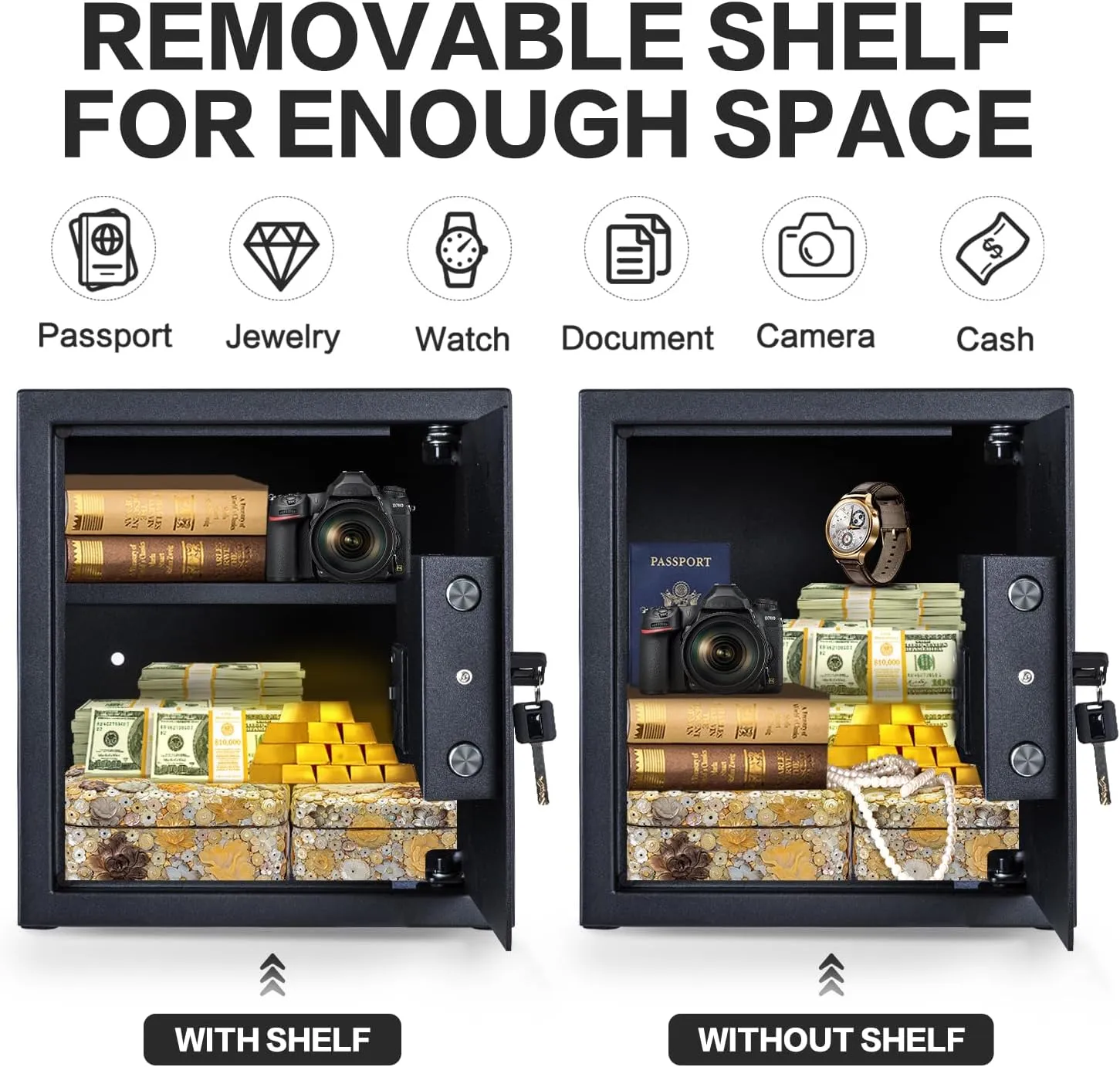 Safe Box, 1.7 Cubic Feet Home Safe, Electronic Digital Keypad, Alarm System, W/Fireproof Bag, Removable Shelf, Money Box for Money Documents, Home Use,13.78"D x 12.99"W x 16.54"H