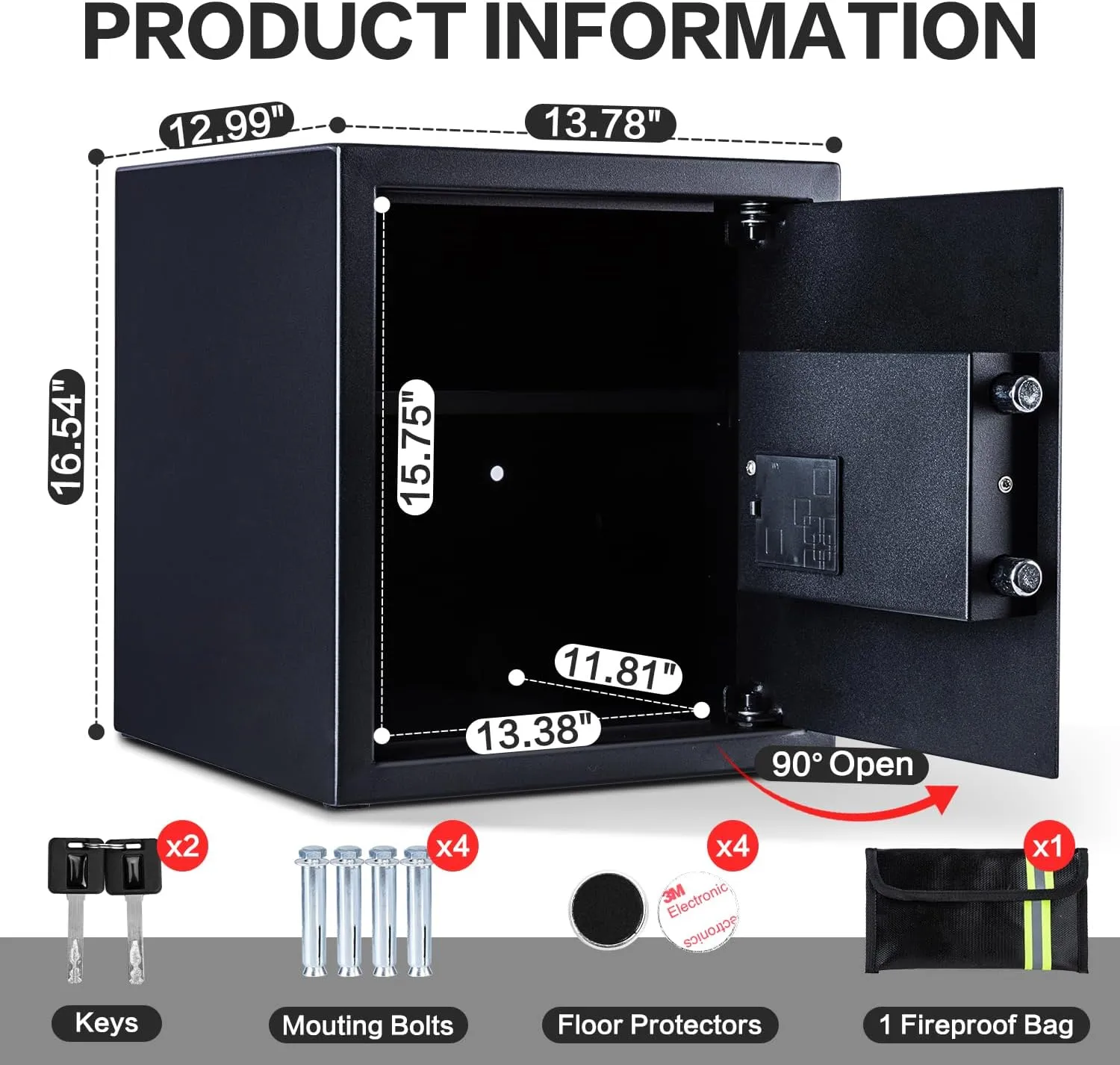 Safe Box, 1.7 Cubic Feet Home Safe, Electronic Digital Keypad, Alarm System, W/Fireproof Bag, Removable Shelf, Money Box for Money Documents, Home Use,13.78"D x 12.99"W x 16.54"H