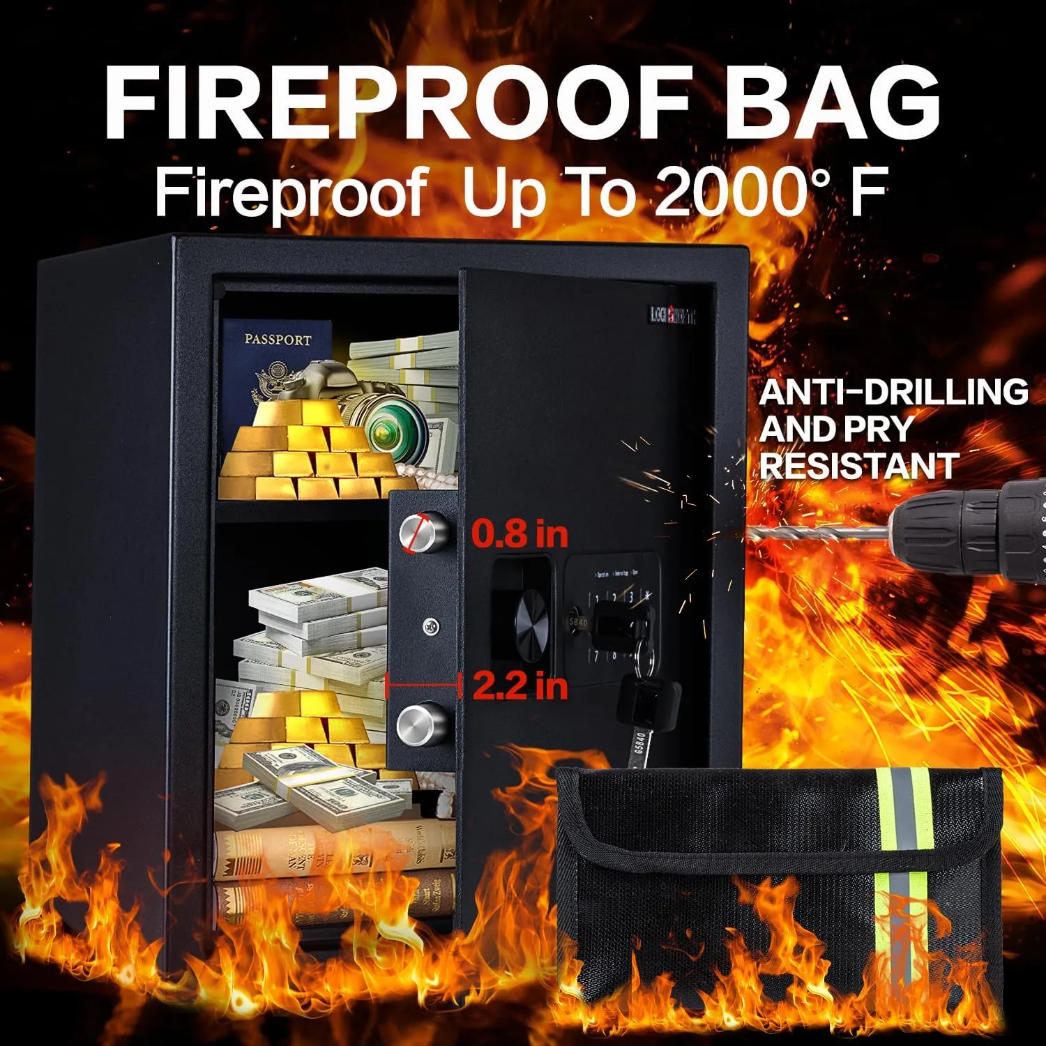 Safe Box, 1.7 Cubic Feet Home Safe, Electronic Digital Keypad, Alarm System, W/Fireproof Bag, Removable Shelf, Money Box for Money Documents, Home Use,13.78"D x 12.99"W x 16.54"H