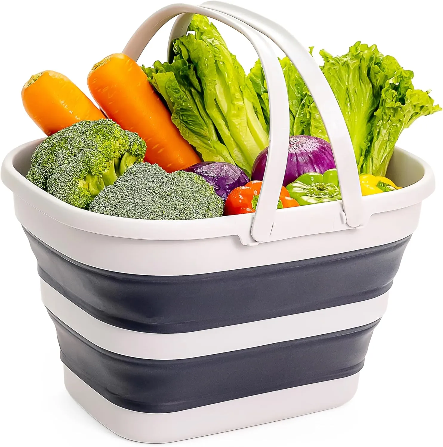 SAMMART 17L (4.5 Gallon) Collapsible Basket with Handle - Portable Outdoor Picnic Basket/Crater - Foldable Shopping Bag - Space Saving Storage Container (Grey/Slate Grey)
