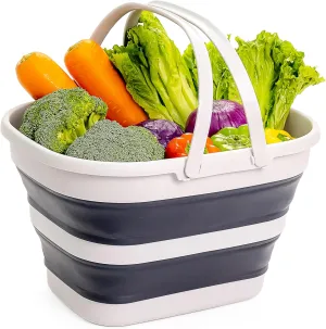 SAMMART 17L (4.5 Gallon) Collapsible Basket with Handle - Portable Outdoor Picnic Basket/Crater - Foldable Shopping Bag - Space Saving Storage Container (Grey/Slate Grey)