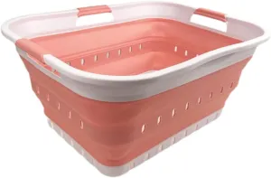 SAMMART 42L (11 gallon) Collapsible Plastic Laundry Basket - Foldable Pop Up Storage Container/Organizer - Space Saving Hamper/Basket (1, White/Quartz Pink)