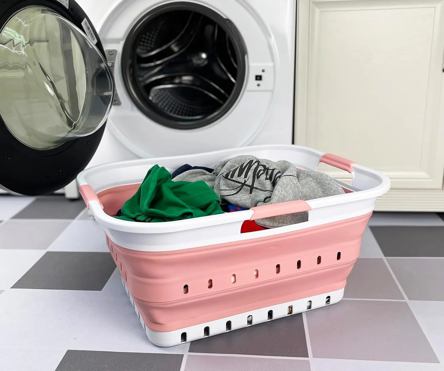 SAMMART 42L (11 gallon) Collapsible Plastic Laundry Basket - Foldable Pop Up Storage Container/Organizer - Space Saving Hamper/Basket (1, White/Quartz Pink)