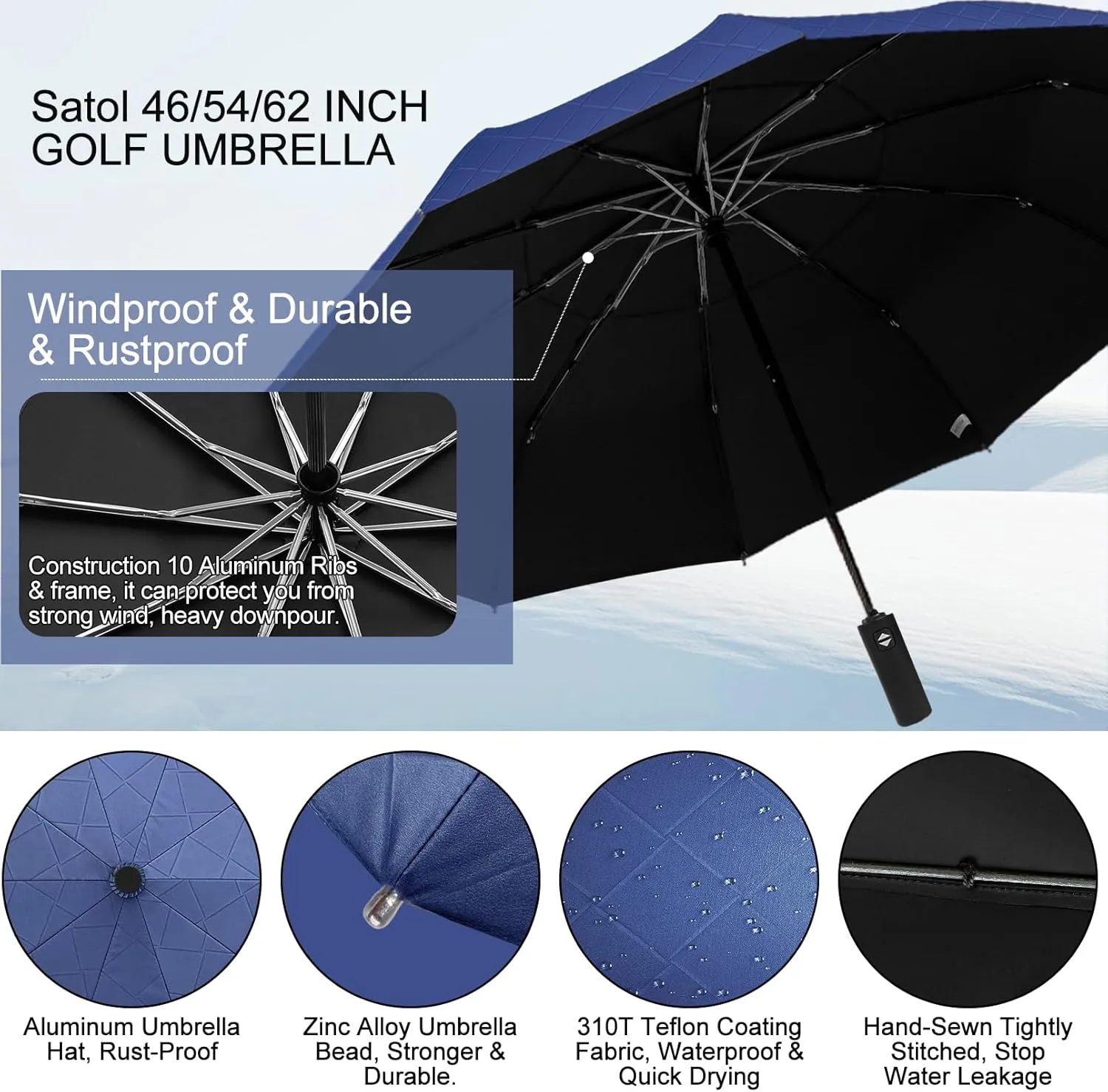 Satol 46/54/62 Inch Large Golf Umbrella, Windproof 10 Ribs Automatic Open/Close Oversize Double Canopy Vented Portable Folding Travel Umbrellas, UPF 50  Sun & Rain Compact Umbrellas for Outdoor