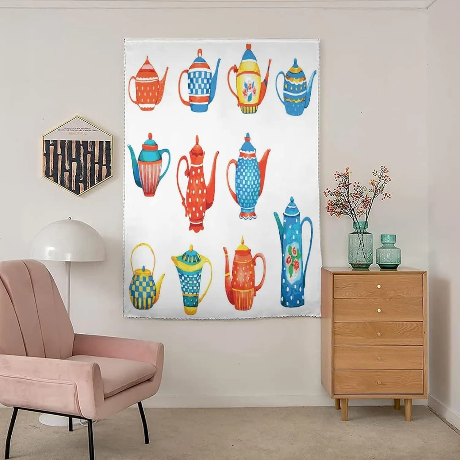 Self Adhesive Portable Blackout Curtains, Tea Party Room Darkening Curtains, Colorful Teapots Various Shapes Breakfast Ceramic Cute Print Temporary Blackout Blinds,24W x40L Inches, for Kids Bedroom