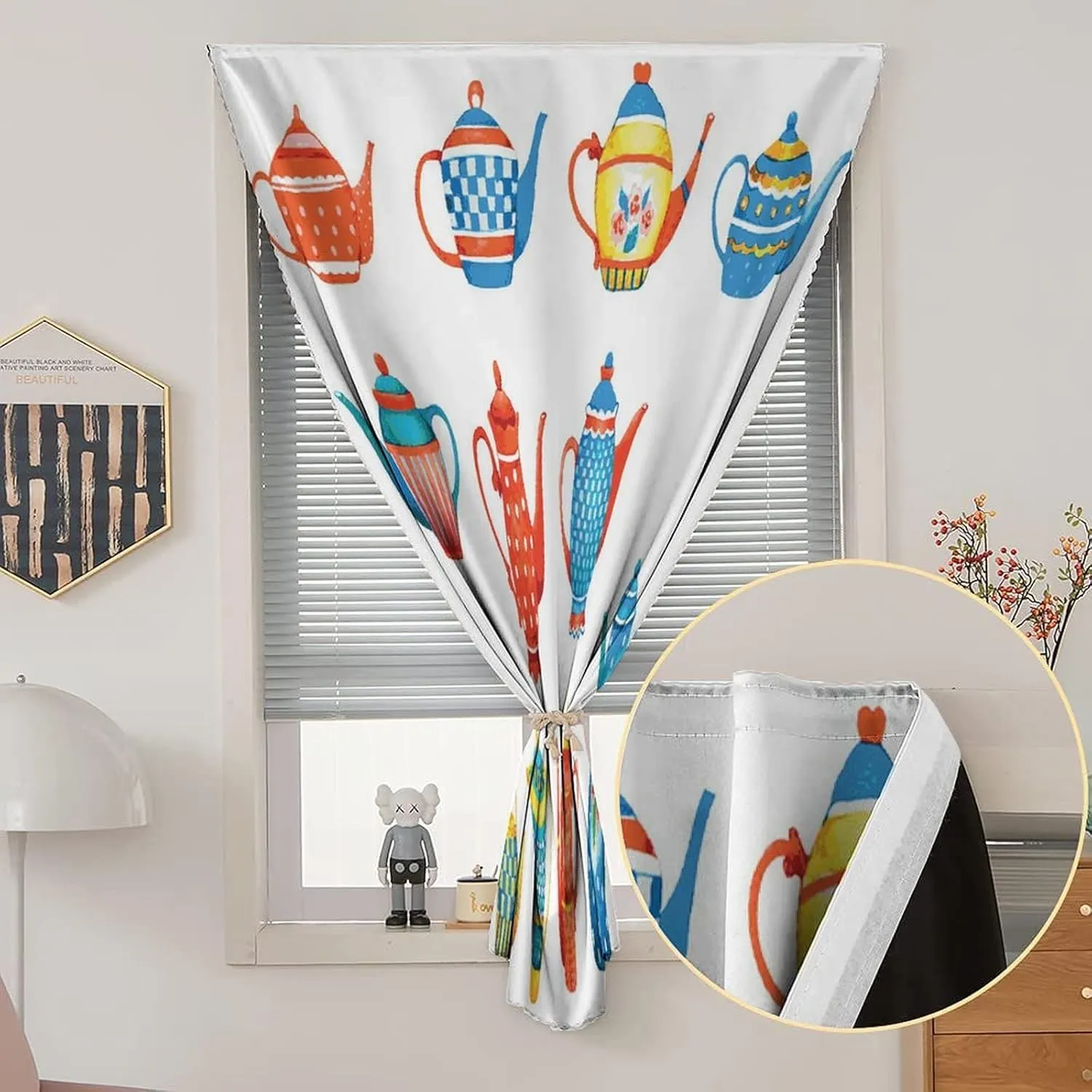 Self Adhesive Portable Blackout Curtains, Tea Party Room Darkening Curtains, Colorful Teapots Various Shapes Breakfast Ceramic Cute Print Temporary Blackout Blinds,24W x40L Inches, for Kids Bedroom
