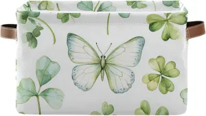 senya St. Patrick's Day Storage Basket, Green Watercolor Butterfly Clover Foldable Fabric Collapsible Storage Bins Organizer Bag for Storage Clothes