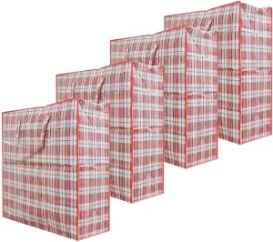 Set of 6 Jumbo Plastic Checkered Storage Laundry Shopping Bags W. Zipper & Handles Size 27" H X 25" L x 8.5" W Inch Assorted Color