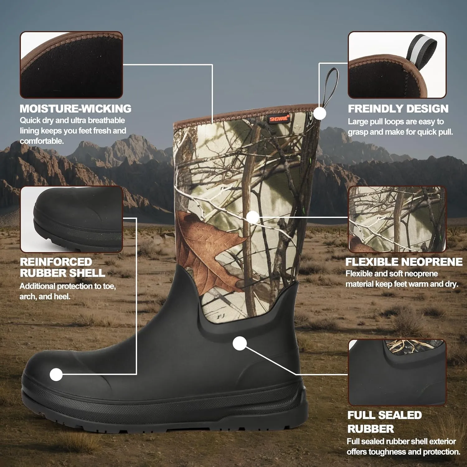 Showave Men's Ultra-Tough Rubber Work Boots Waterproof Rain Footwear Insulated Durable Garden Boots for Hunting Mud Outdoor