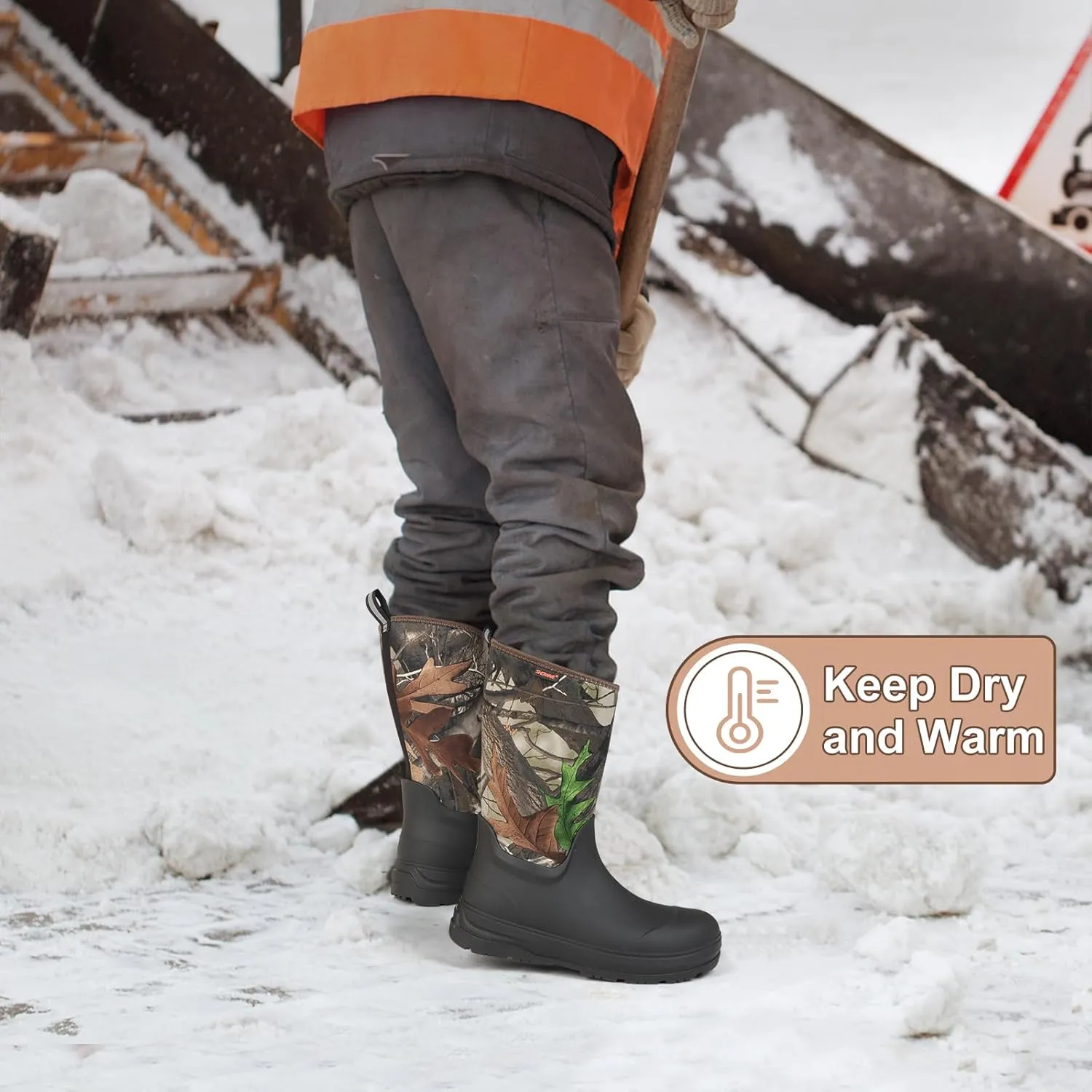 Showave Men's Ultra-Tough Rubber Work Boots Waterproof Rain Footwear Insulated Durable Garden Boots for Hunting Mud Outdoor