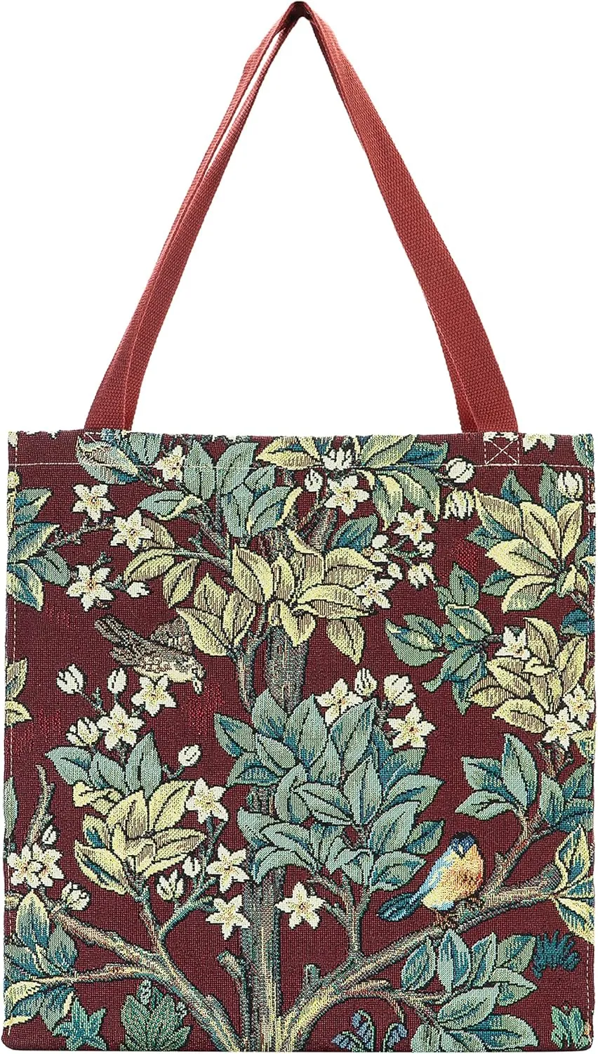 Signare Tapestry Tote Bag, Crossbody Bag, Cosmetic Makeup Bag and Shopping Tote Bag for Women with William Morris Tree of Life in Red backdrop (GUSS-ART-WM-TLRD)