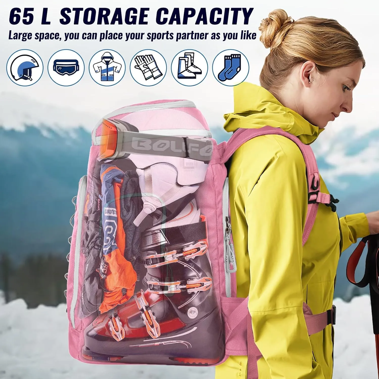 Ski Boot Bag, 65L Ski Boot Bag Backpack 1680D Nylon Waterproof Ski Bag for, Skis Snowboard & Accessories