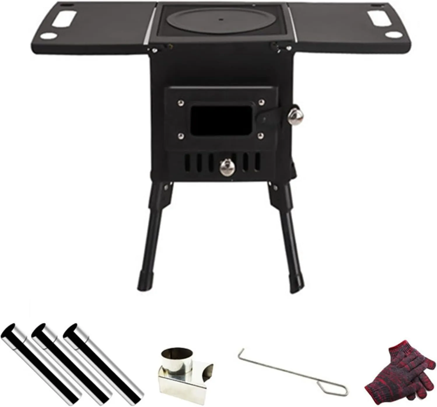 Small Wood Stove Portable,Wood Burning Camping Stove viewable window,Outdoor Tent Camping Stove Stainless Steel,with Chimney Pipes,for Cooking and Heating ( Color : Black , Battery *1 : 28x22x37cm )