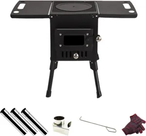 Small Wood Stove Portable,Wood Burning Camping Stove viewable window,Outdoor Tent Camping Stove Stainless Steel,with Chimney Pipes,for Cooking and Heating ( Color : Black , Battery *1 : 28x22x37cm )