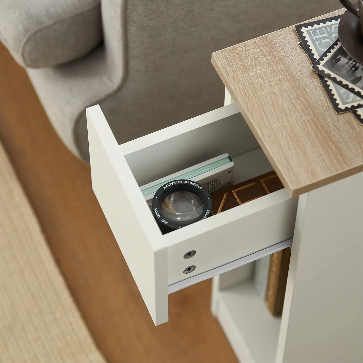 SoBuy Nightstand Narrow Night Stand Modern Design Bedside Furniture Slim End Table Storage Cabinet with Sliding Drawer and Open Compartment, White & Natural FBT111-WN