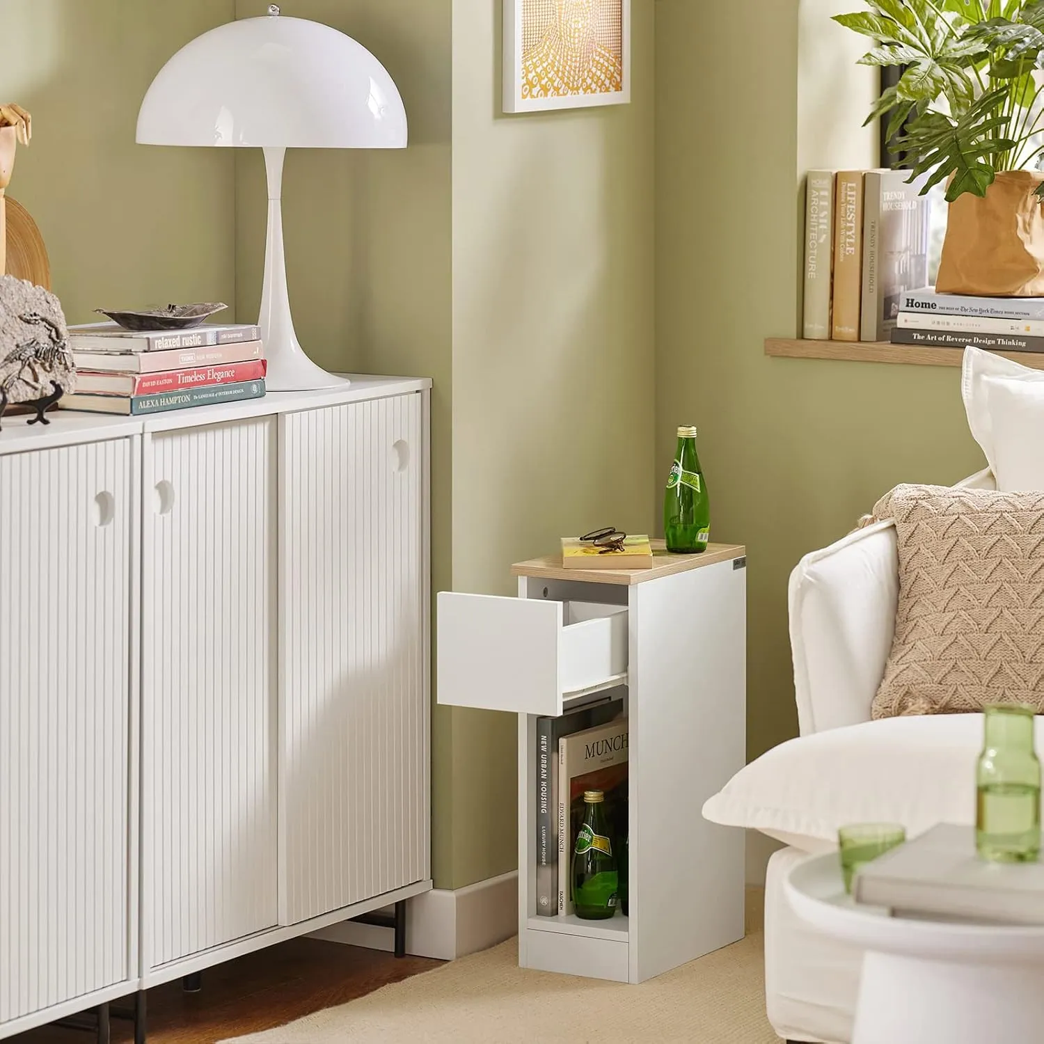 SoBuy Nightstand Narrow Night Stand Modern Design Bedside Furniture Slim End Table Storage Cabinet with Sliding Drawer and Open Compartment, White & Natural FBT111-WN