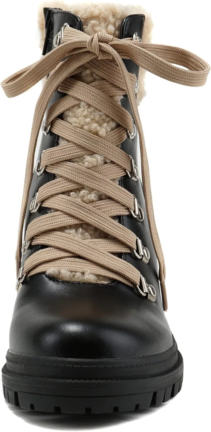 Soda KEYNOTE ~ Women Chunky Lug Sole Faux Fur D-Ring Lace-up Fashion Combat Ankle Boot w/Side Zipper
