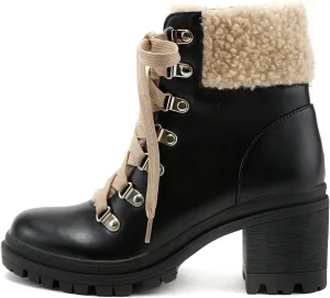 Soda KEYNOTE ~ Women Chunky Lug Sole Faux Fur D-Ring Lace-up Fashion Combat Ankle Boot w/Side Zipper