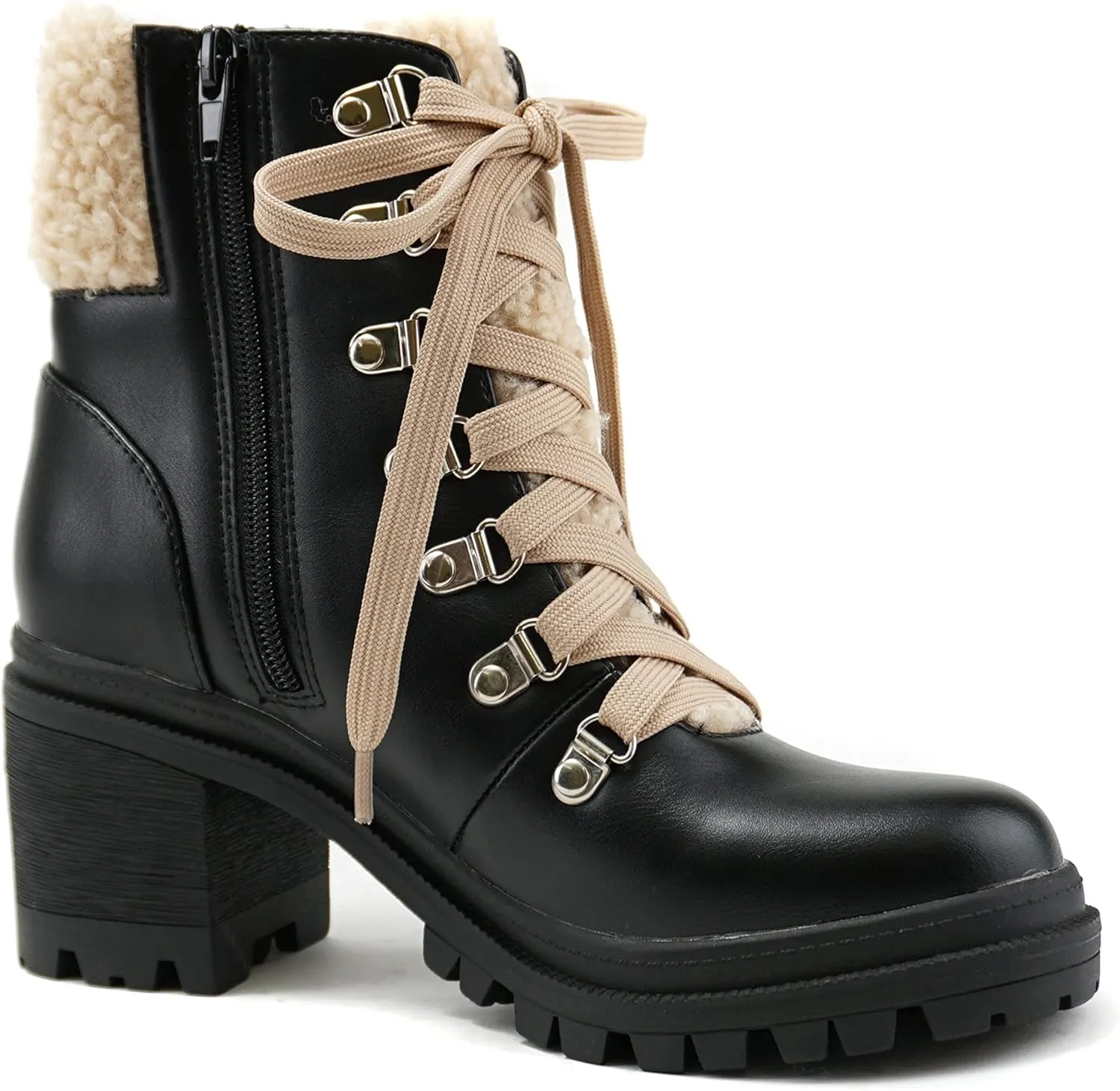 Soda KEYNOTE ~ Women Chunky Lug Sole Faux Fur D-Ring Lace-up Fashion Combat Ankle Boot w/Side Zipper