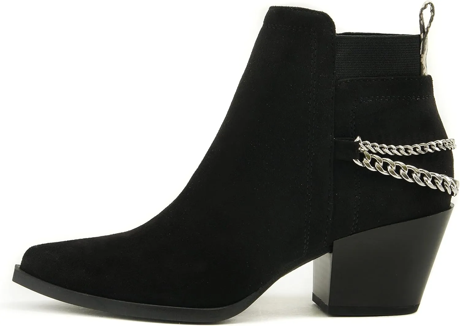 Soda QUE – Western Inspired Stacked Heels Fashion Bootie & Gleaming Chain Back Strap w/Functional Zipper