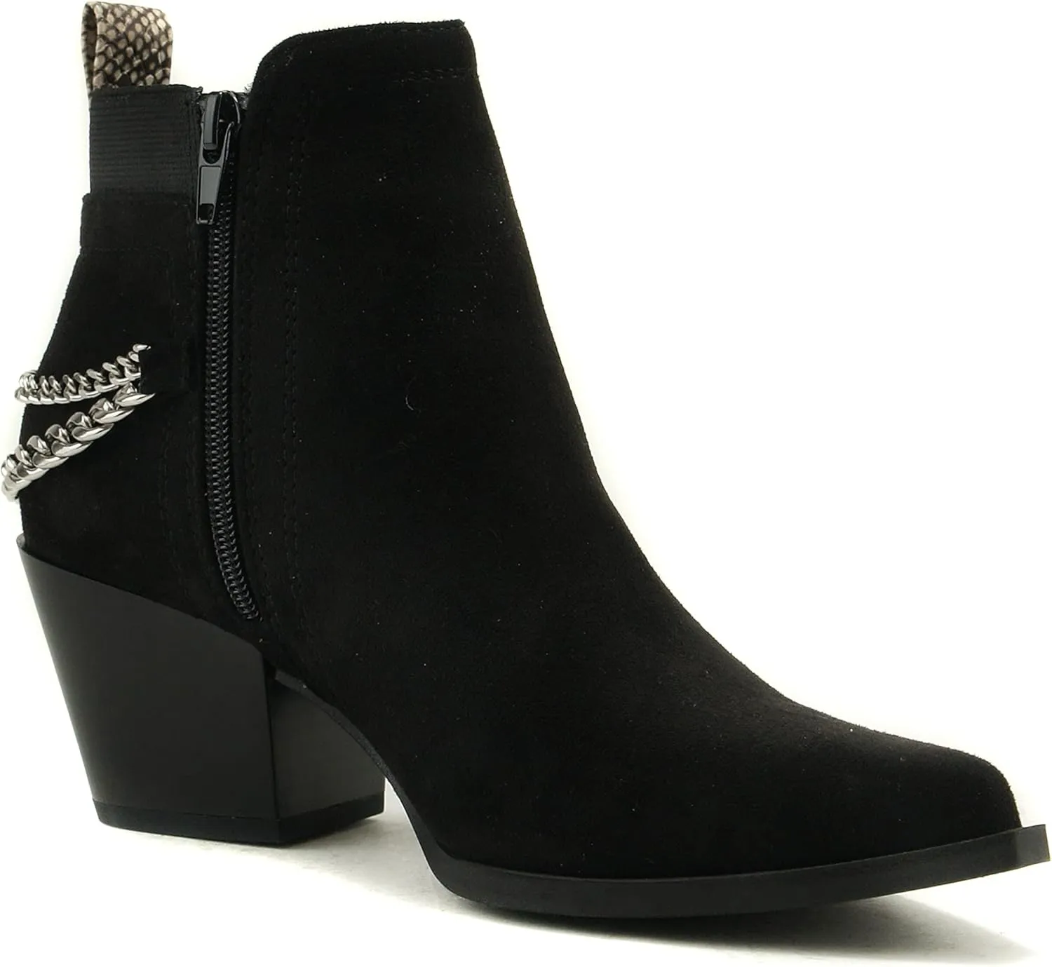 Soda QUE – Western Inspired Stacked Heels Fashion Bootie & Gleaming Chain Back Strap w/Functional Zipper