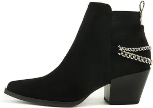 Soda QUE – Western Inspired Stacked Heels Fashion Bootie & Gleaming Chain Back Strap w/Functional Zipper
