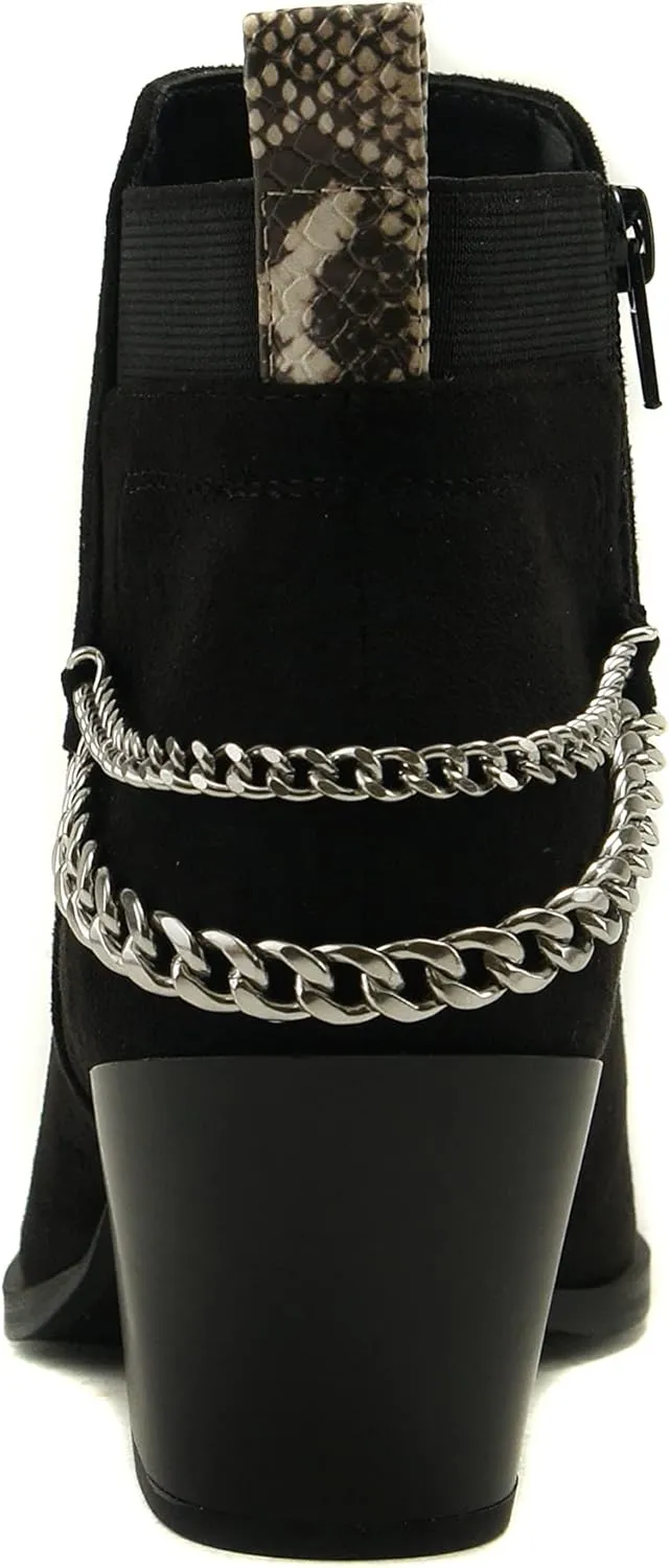 Soda QUE – Western Inspired Stacked Heels Fashion Bootie & Gleaming Chain Back Strap w/Functional Zipper
