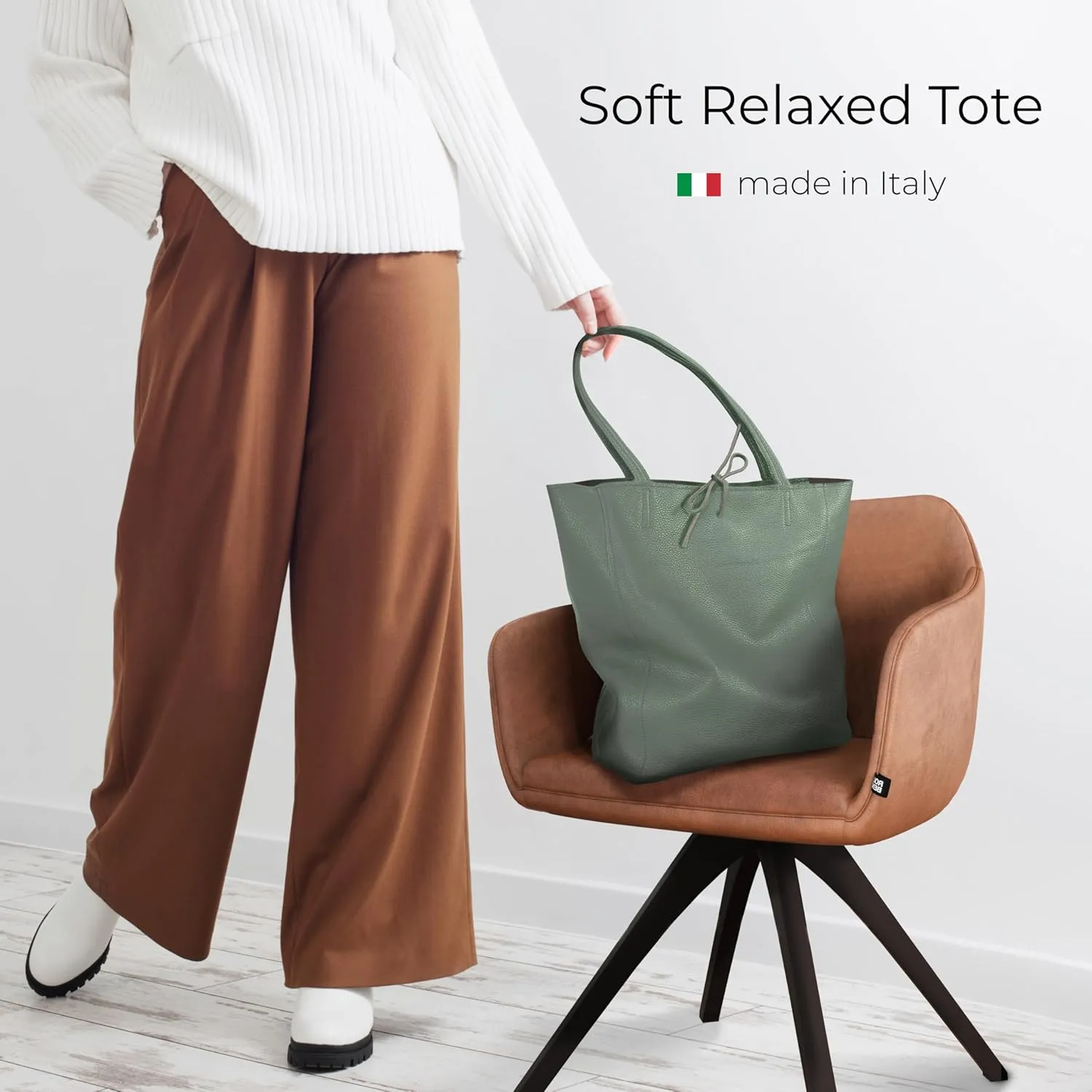 Soft Italian Genuine Calf Leather Tote Bag | Unstructured Unlined Shopper with Zipper, Inside Pocket & Flat Base