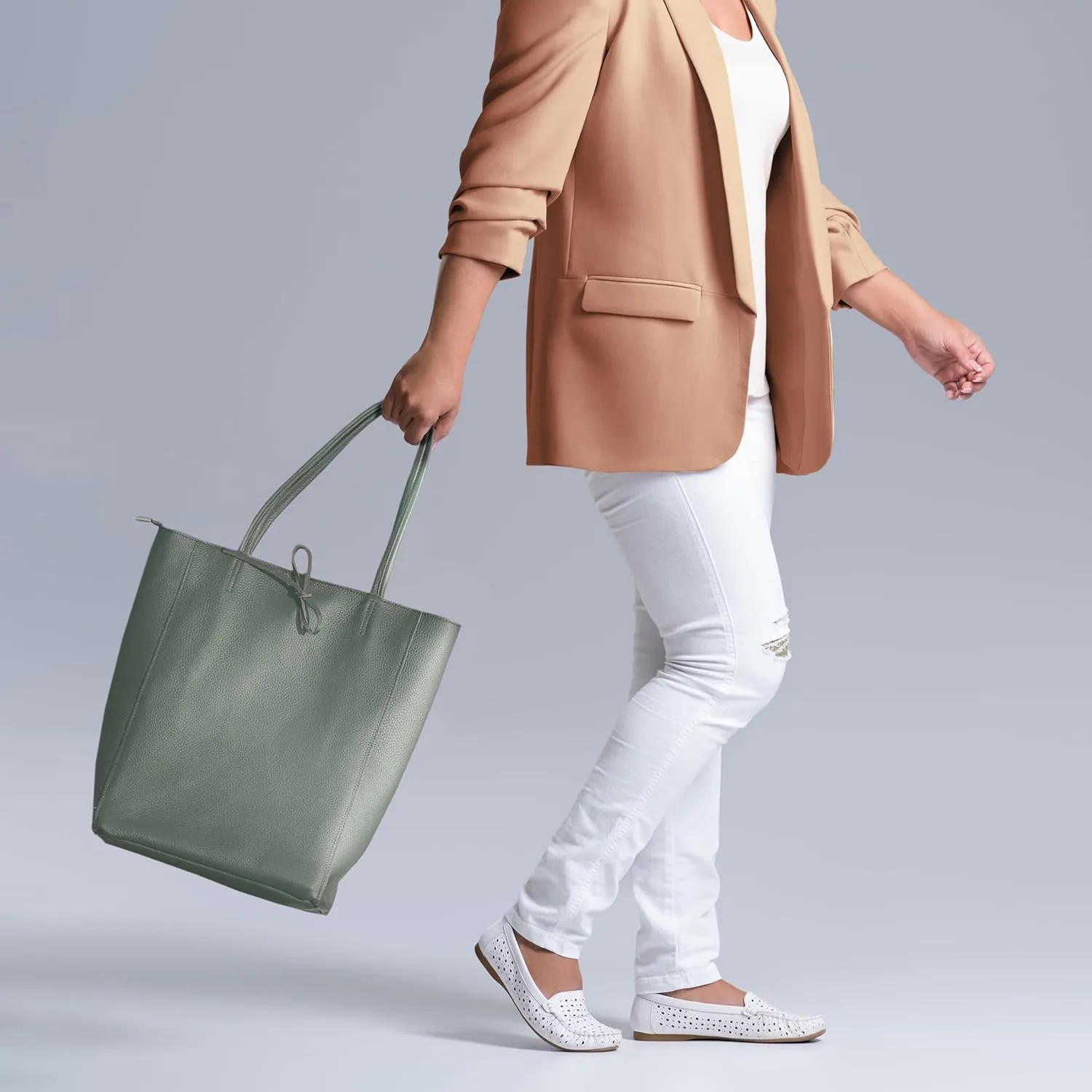 Soft Italian Genuine Calf Leather Tote Bag | Unstructured Unlined Shopper with Zipper, Inside Pocket & Flat Base