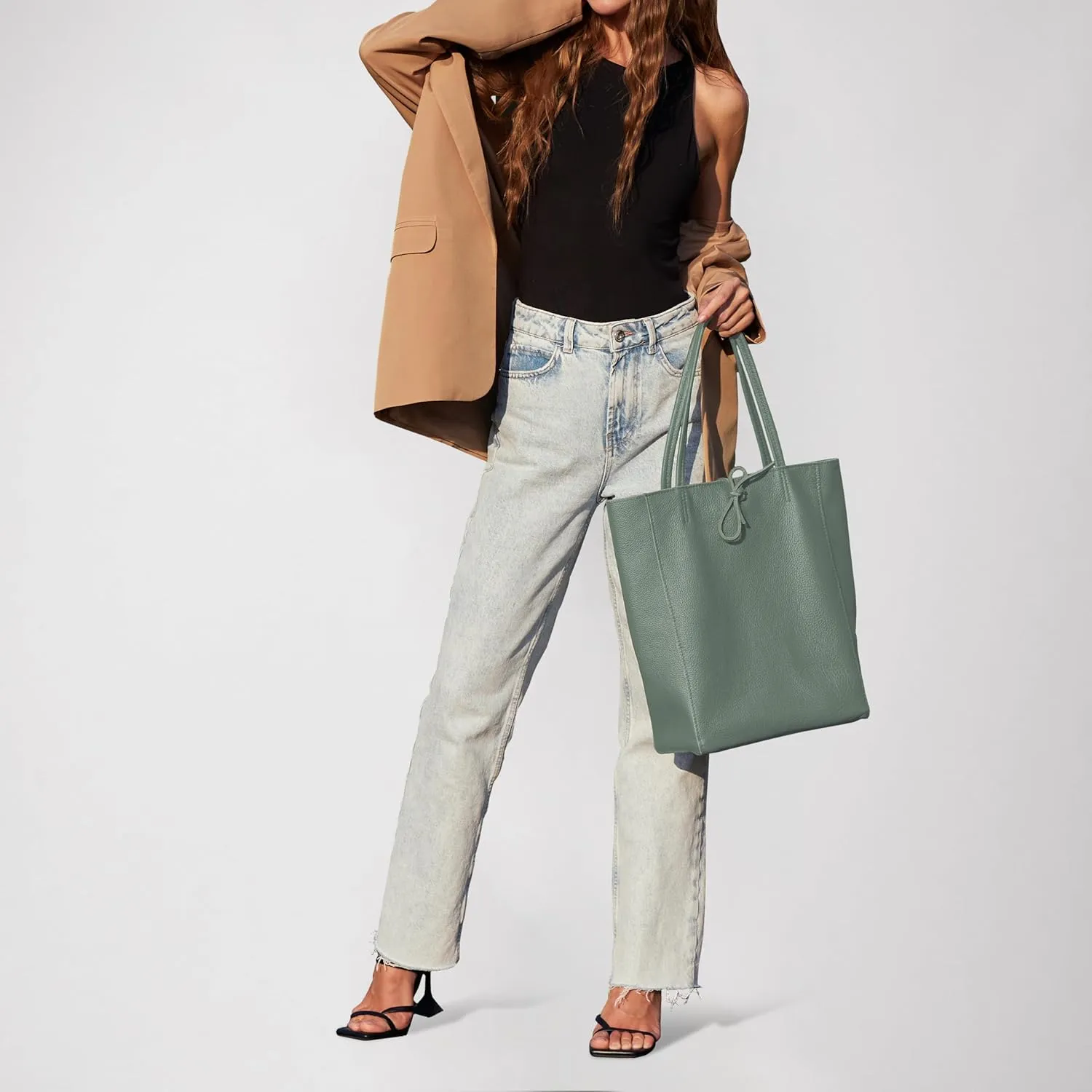 Soft Italian Genuine Calf Leather Tote Bag | Unstructured Unlined Shopper with Zipper, Inside Pocket & Flat Base