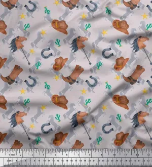 Soimoi Rayon Grey Fabric - by The Yard - 56 Inch Wide - Hat, Boot & Horse Animal Print Fabric - Rustic Charm with Equestrian Elements Printed Fabric