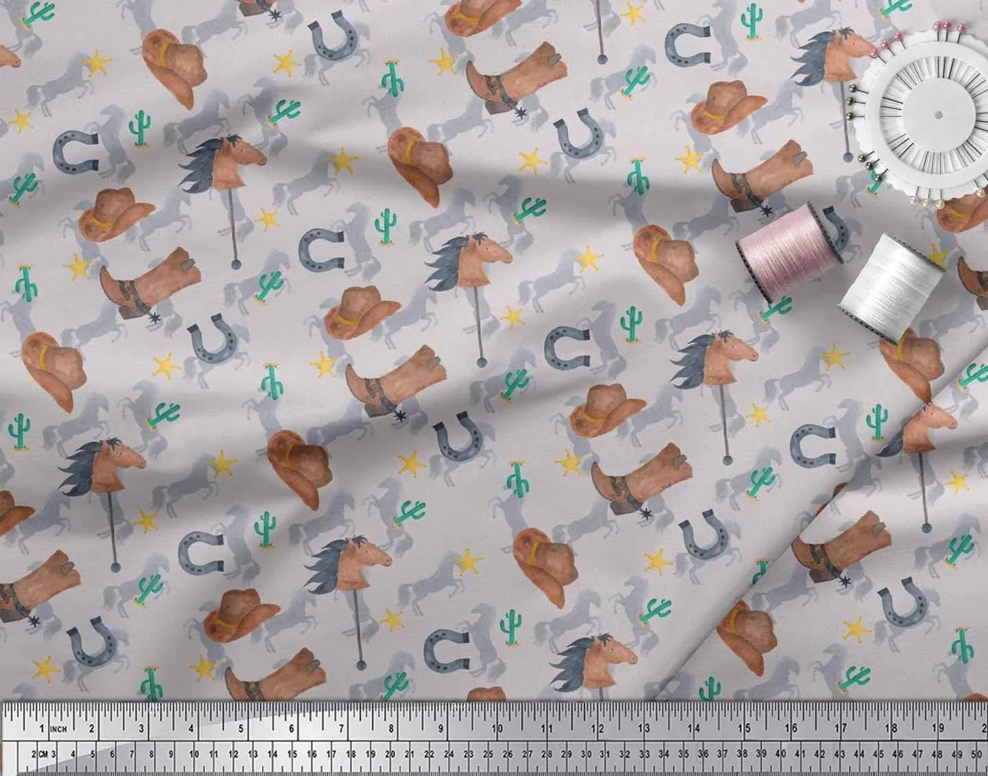 Soimoi Rayon Grey Fabric - by The Yard - 56 Inch Wide - Hat, Boot & Horse Animal Print Fabric - Rustic Charm with Equestrian Elements Printed Fabric