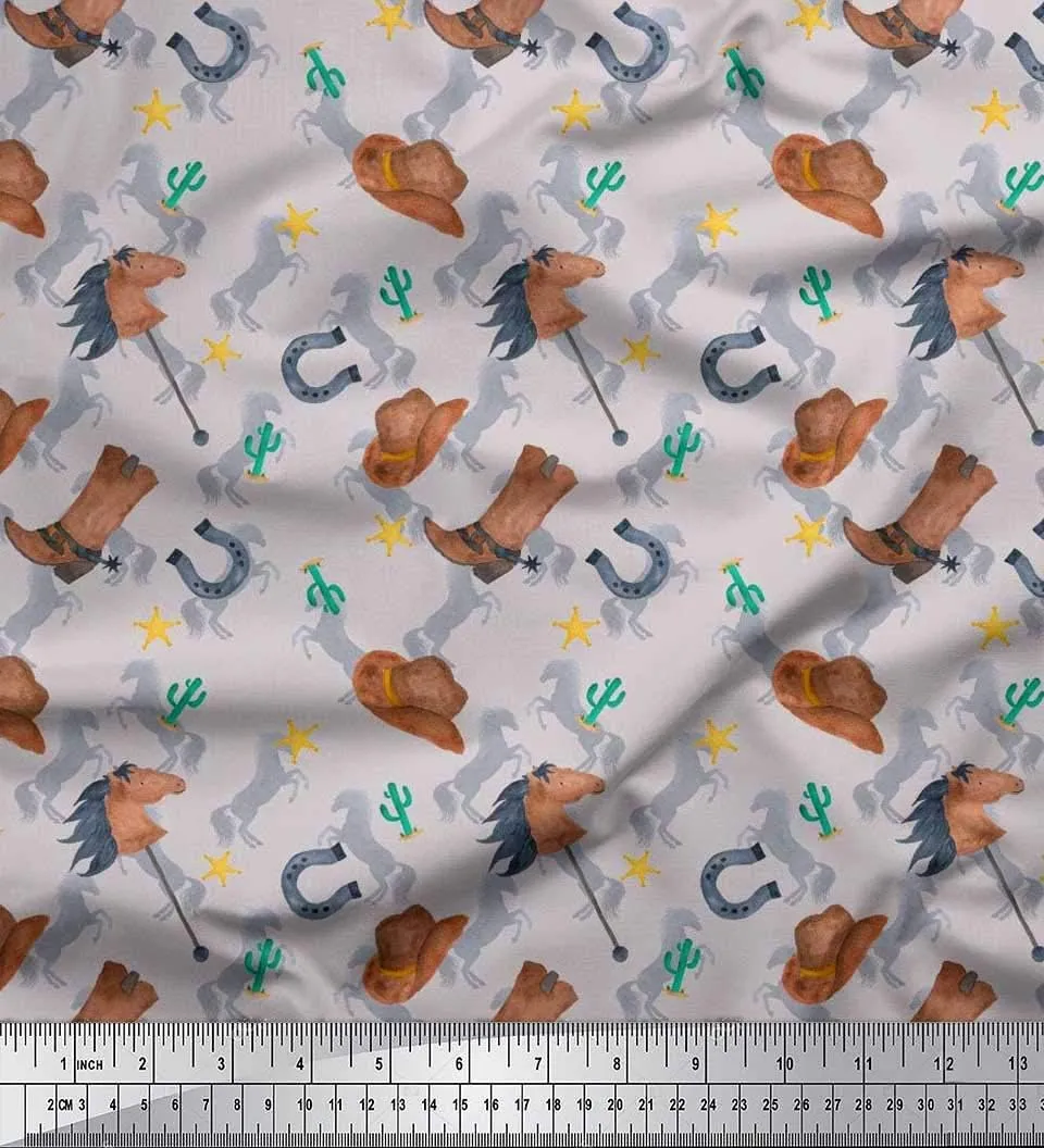Soimoi Rayon Grey Fabric - by The Yard - 56 Inch Wide - Hat, Boot & Horse Animal Print Fabric - Rustic Charm with Equestrian Elements Printed Fabric