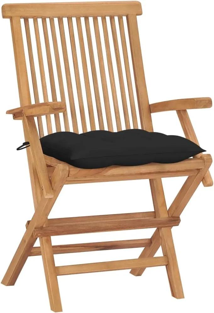 Solid Teak Wood Patio Chairs Set of 4 with Black Cushions, Foldable Outdoor Furniture for Garden Poolside Deck Lawn