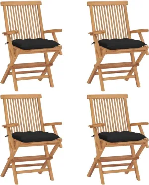 Solid Teak Wood Patio Chairs Set of 4 with Black Cushions, Foldable Outdoor Furniture for Garden Poolside Deck Lawn