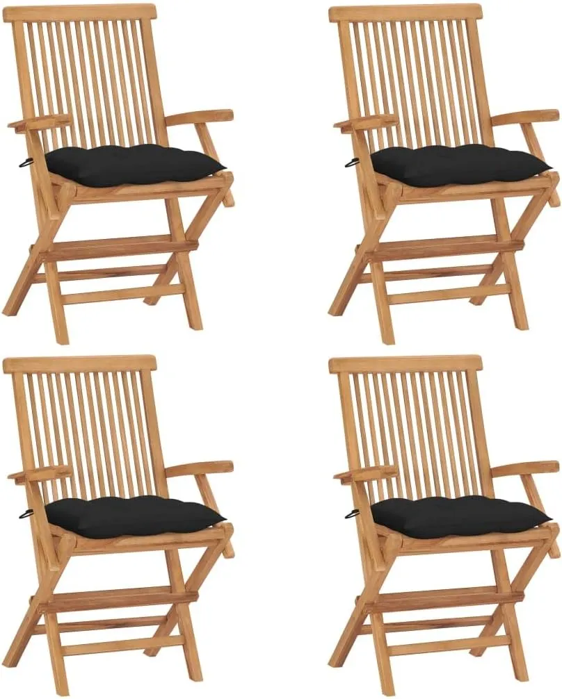 Solid Teak Wood Patio Chairs Set of 4 with Black Cushions, Foldable Outdoor Furniture for Garden Poolside Deck Lawn