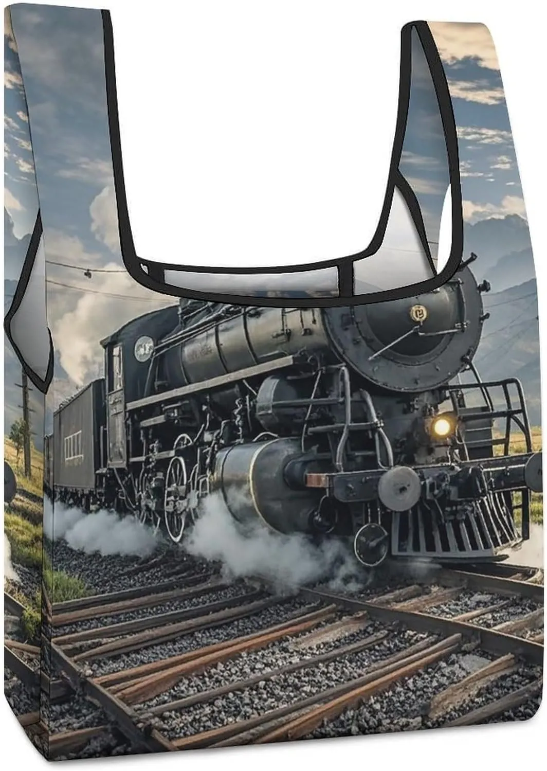 Steam Locomotive Train Tote Bag Reusable Shopping Handbag Washable Foldable Grocery Tote for Picnic Shopping