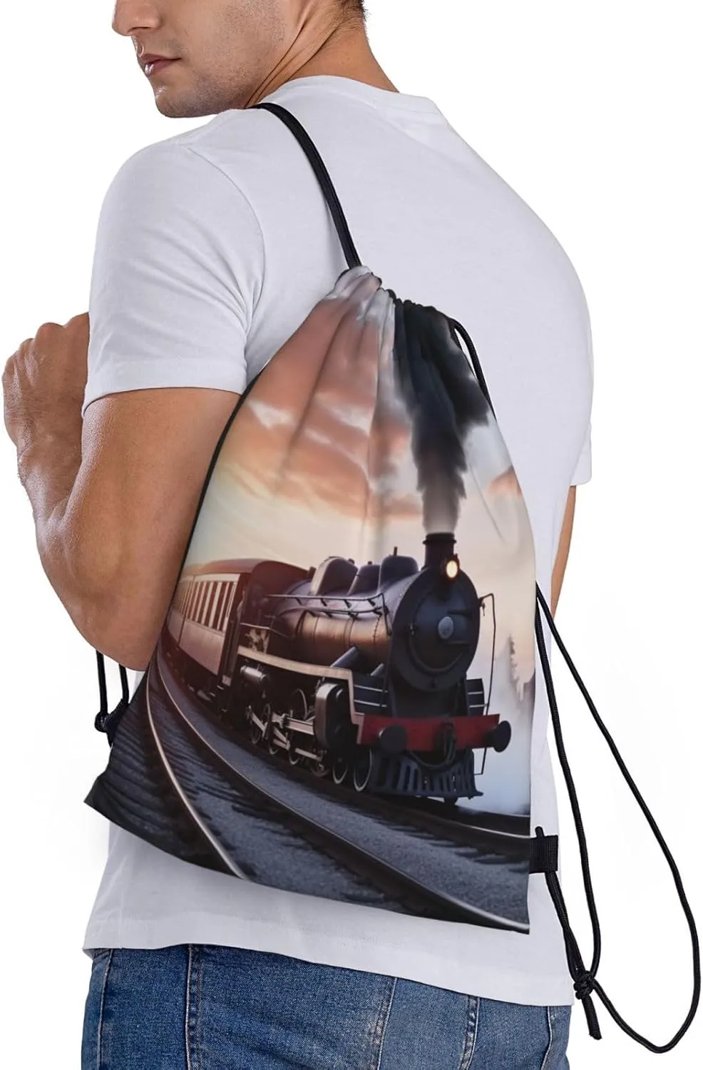 Steam Train Depart Sunset Drawstring Backpack Waterproof String Bag Sports Sackpack Gym Bags for Men Women
